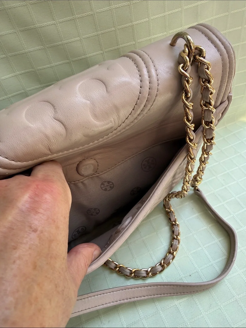 Tory Burch Taupe Leather Fleming Convertible Bag with Tassel and Gold Hardware